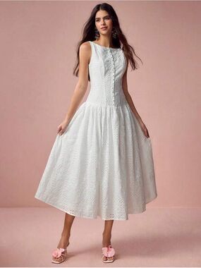 Commense White Eyelet Midi Dress with Button Front
